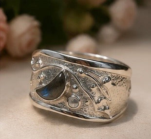 Labradorite Moon & Shooting Star Silver Ring | Handcrafted Adjustable Band