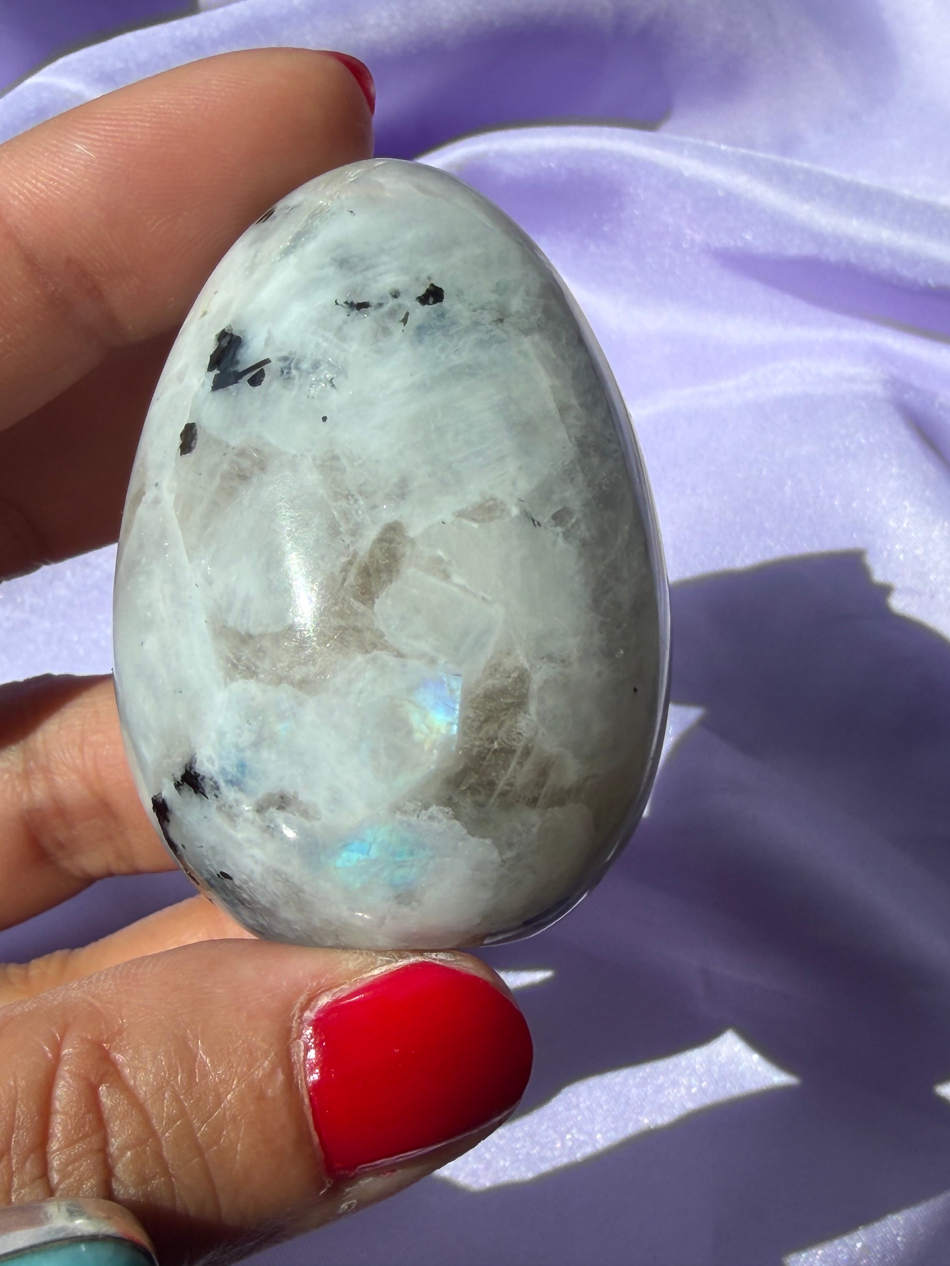 Flashy Rainbow Moonstone Egg – Free Standing Crystal Display from India, A