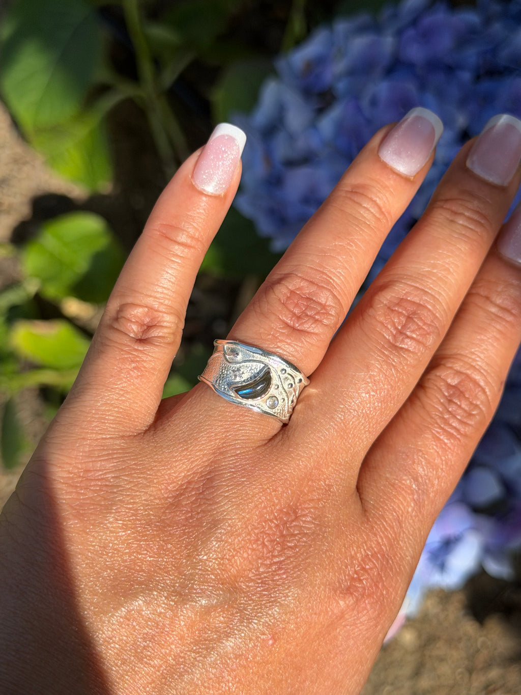 Labradorite Moon & Shooting Star Silver Ring | Handcrafted Adjustable Band