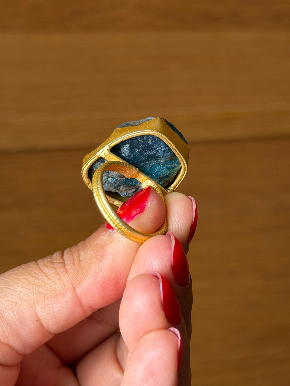 Raw Apatite adjustable metal ring with 18k gold plating| Statement crystal ring | Throat Chakra crystal