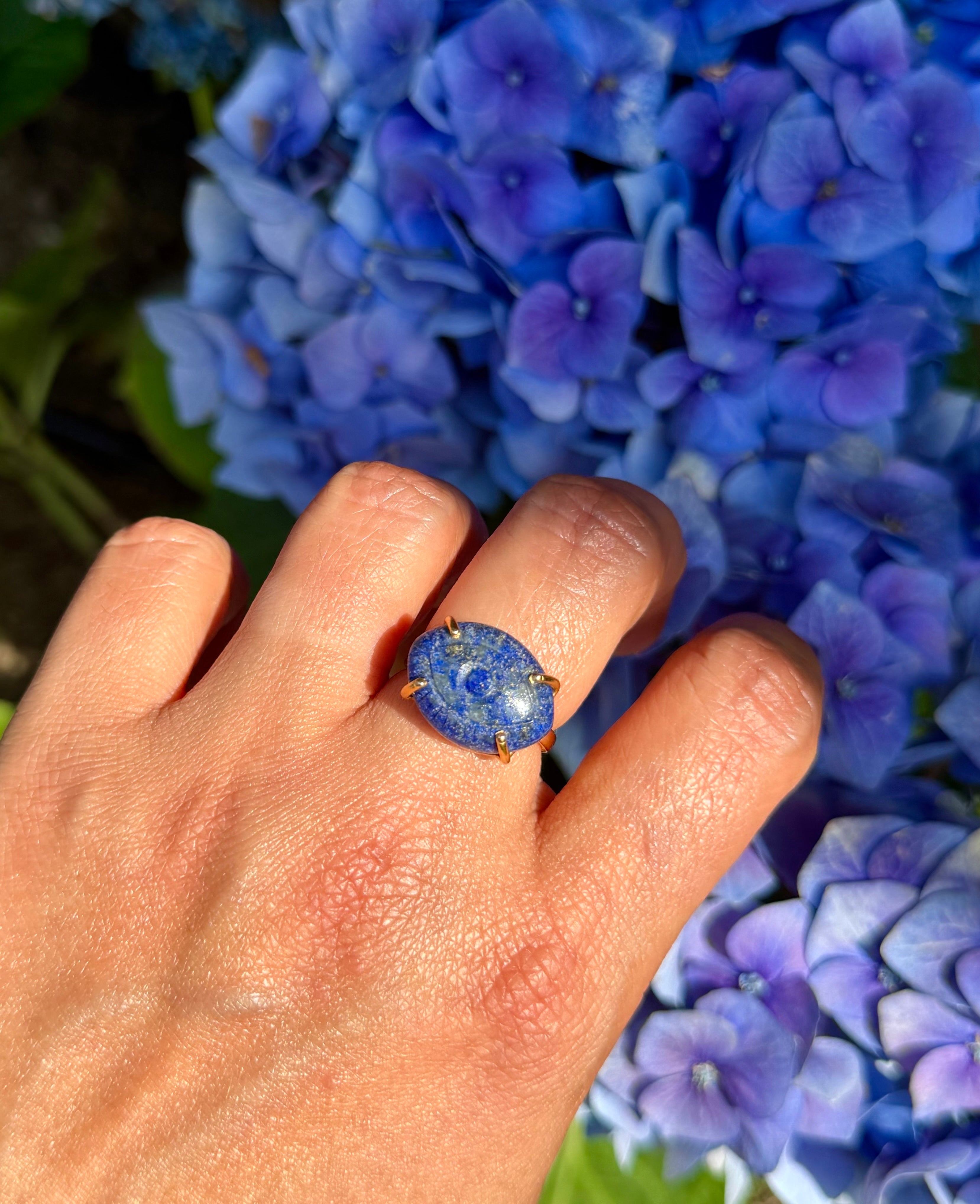 Hand Carved Lapis Lazuli with Pyrite Ring | 925 Sterling Silver 18K Gold Plated | Adjustable Artisan Evil Eye Ring | Handmade in Jaipur