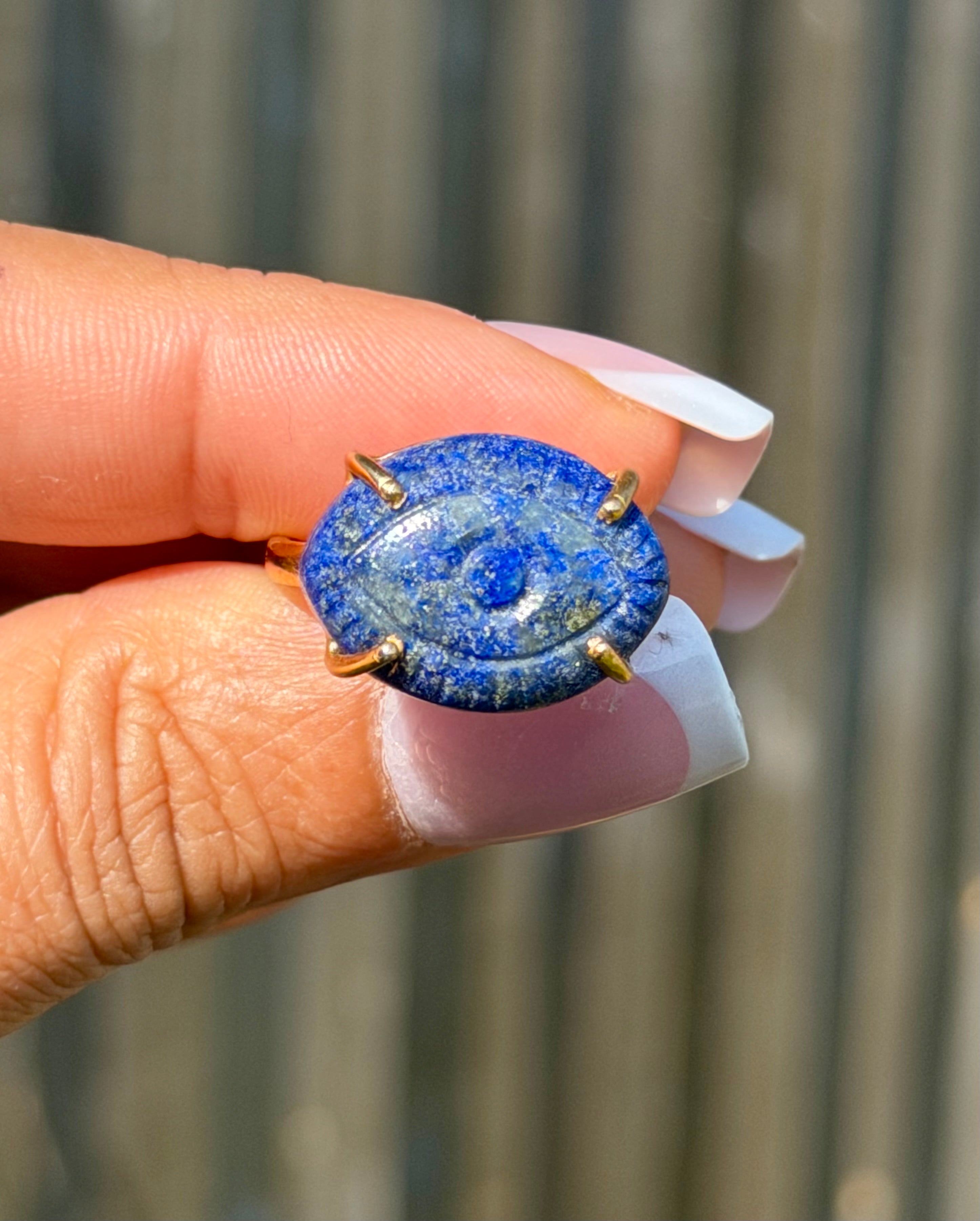 Hand Carved Lapis Lazuli with Pyrite Ring | 925 Sterling Silver 18K Gold Plated | Adjustable Artisan Evil Eye Ring | Handmade in Jaipur