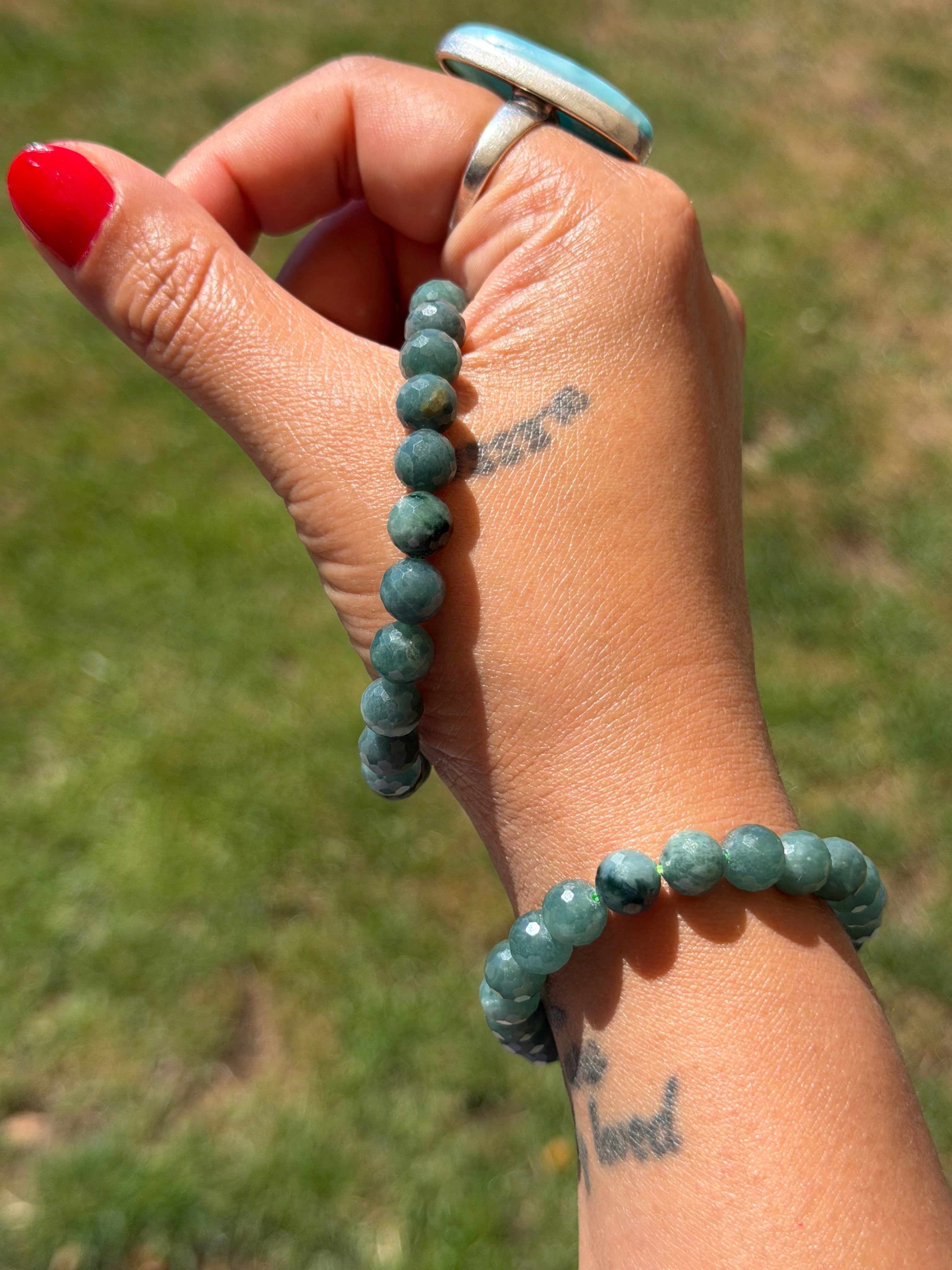 Blue Jade Faceted Bracelet 8mm | Natural Blue Jade Crystal Bracelet | Micro Cut Gemstone Stretch Bracelet | Calm, Wisdom & Prosperity