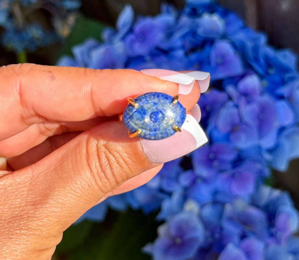 Hand Carved Lapis Lazuli with Pyrite Ring | 925 Sterling Silver 18K Gold Plated | Adjustable Artisan Evil Eye Ring | Handmade in Jaipur