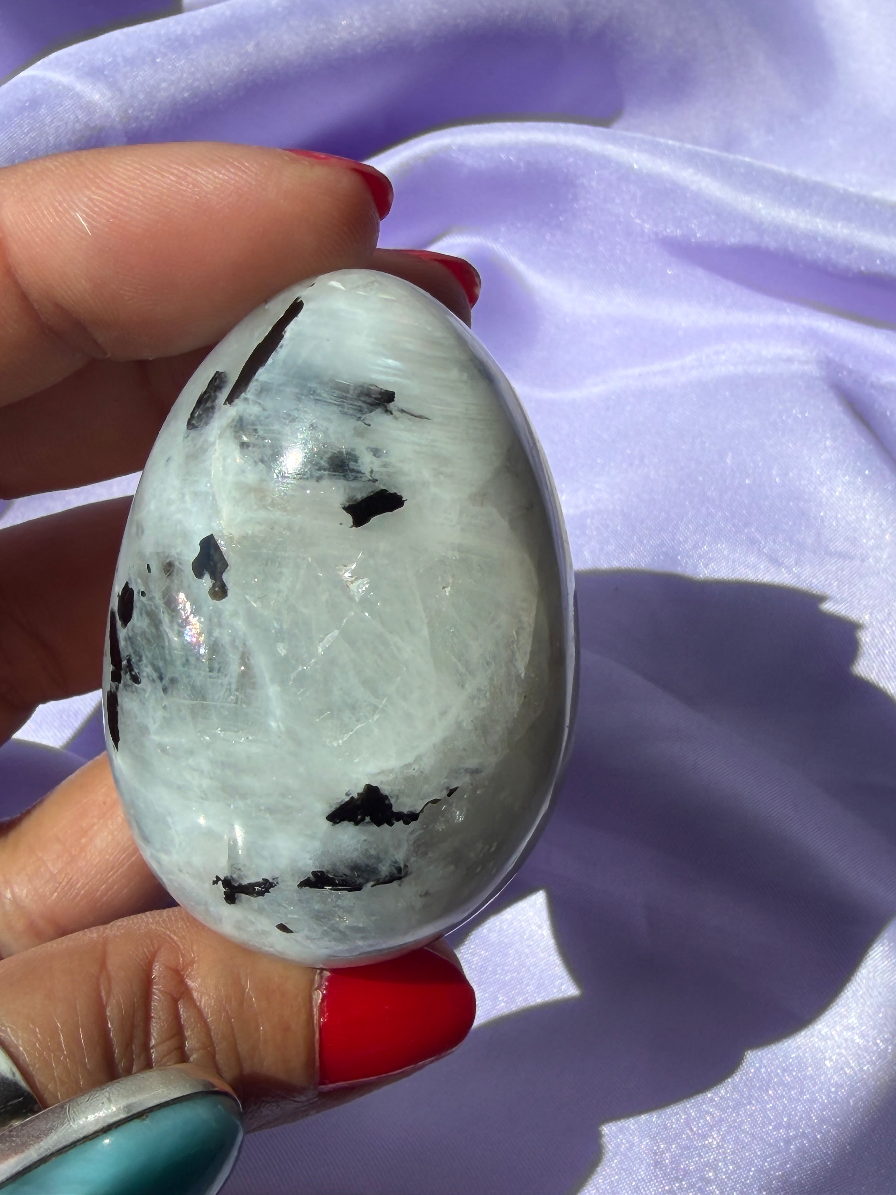 Flashy Rainbow Moonstone Egg – Free Standing Crystal Display from India, A