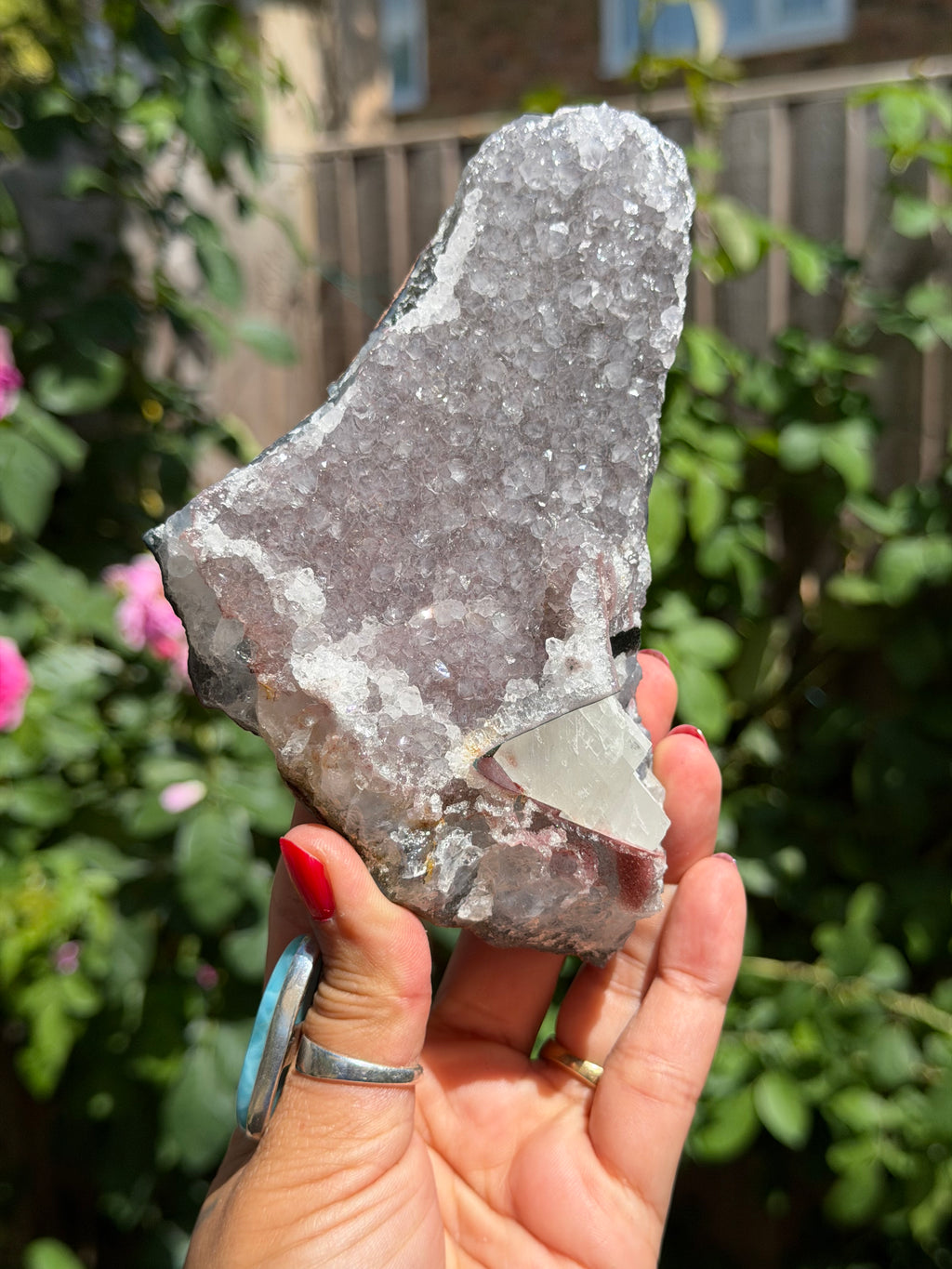 Rainbow Amethyst with Calcite | 503g  Crystal Cluster with Stand | Pastel Berry Druzy | Collector Specimen | Brazil Crystal Decor, A