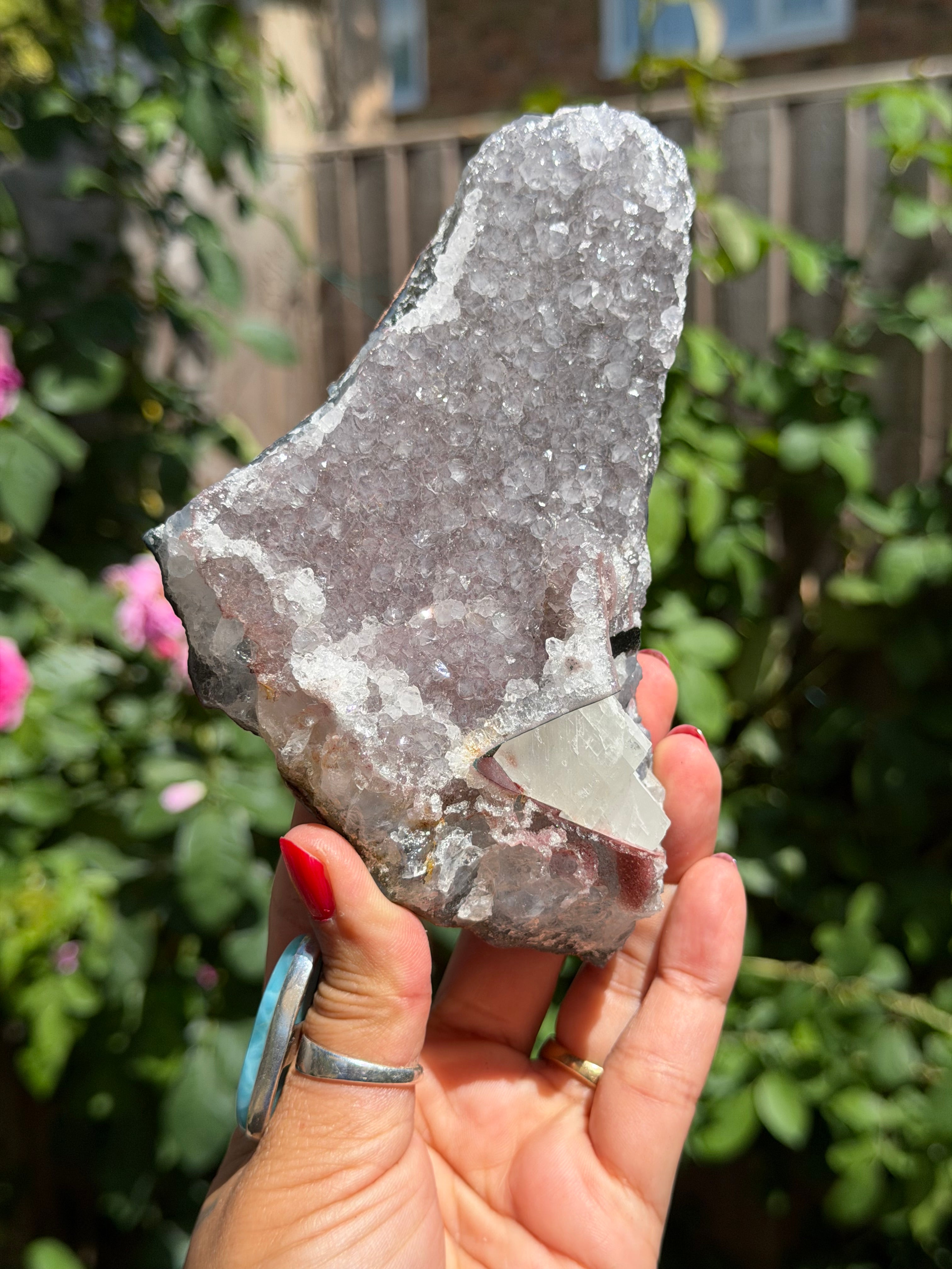 Rainbow Amethyst with Calcite | 503g  Crystal Cluster with Stand | Pastel Berry Druzy | Collector Specimen | Brazil Crystal Decor, A