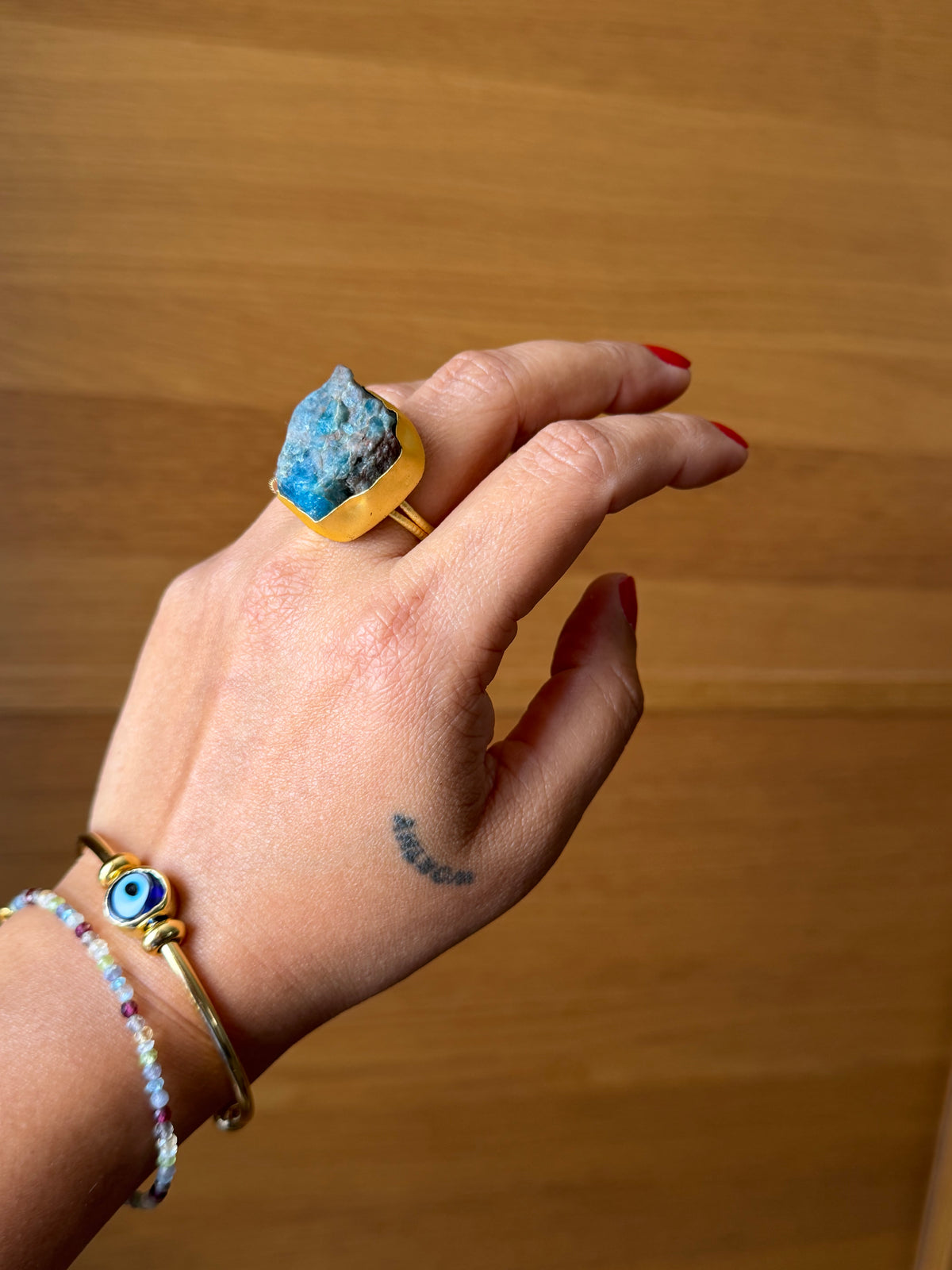 Raw Apatite adjustable metal ring with 18k gold plating| Statement crystal ring | Throat Chakra crystal