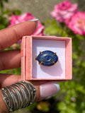 Hand Carved Lapis Lazuli with Pyrite Ring | 925 Sterling Silver 18K Gold Plated | Adjustable Artisan Evil Eye Ring | Handmade in Jaipur