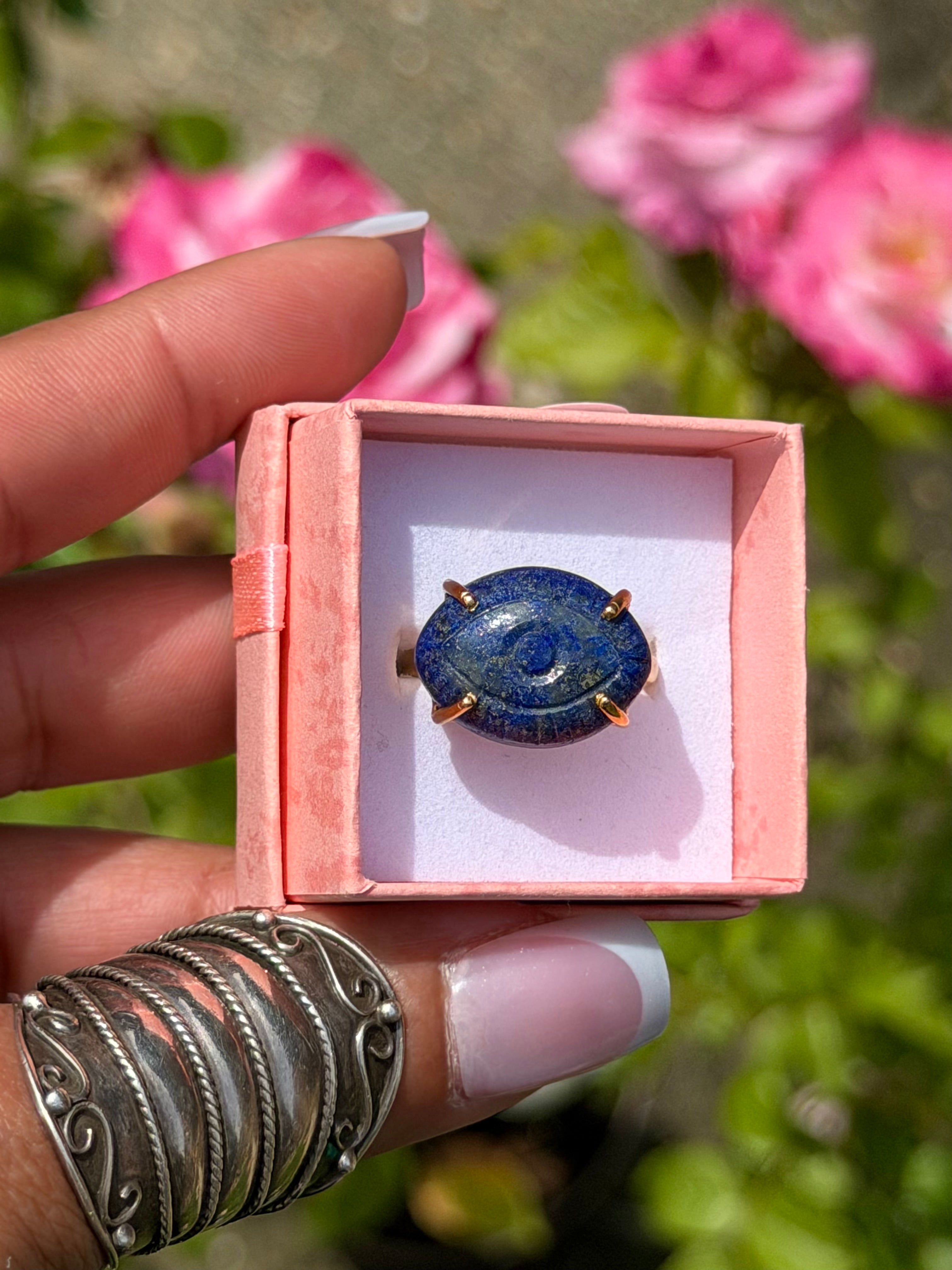 Hand Carved Lapis Lazuli with Pyrite Ring | 925 Sterling Silver 18K Gold Plated | Adjustable Artisan Evil Eye Ring | Handmade in Jaipur