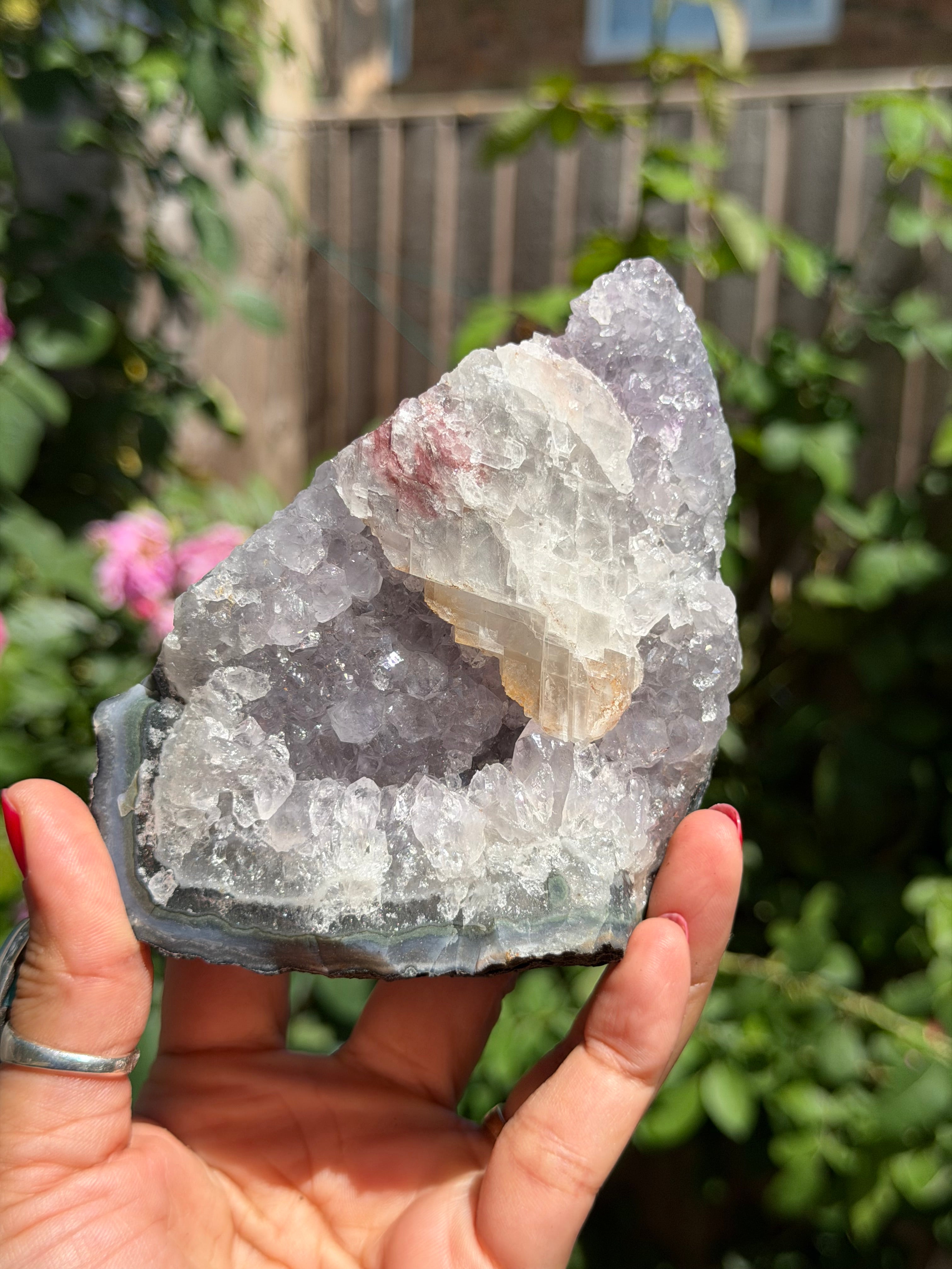 Rainbow Amethyst with Calcite | 520g  Crystal Cluster with Stand | Pastel Berry Druzy | Collector Specimen | Brazil Crystal Decor, B