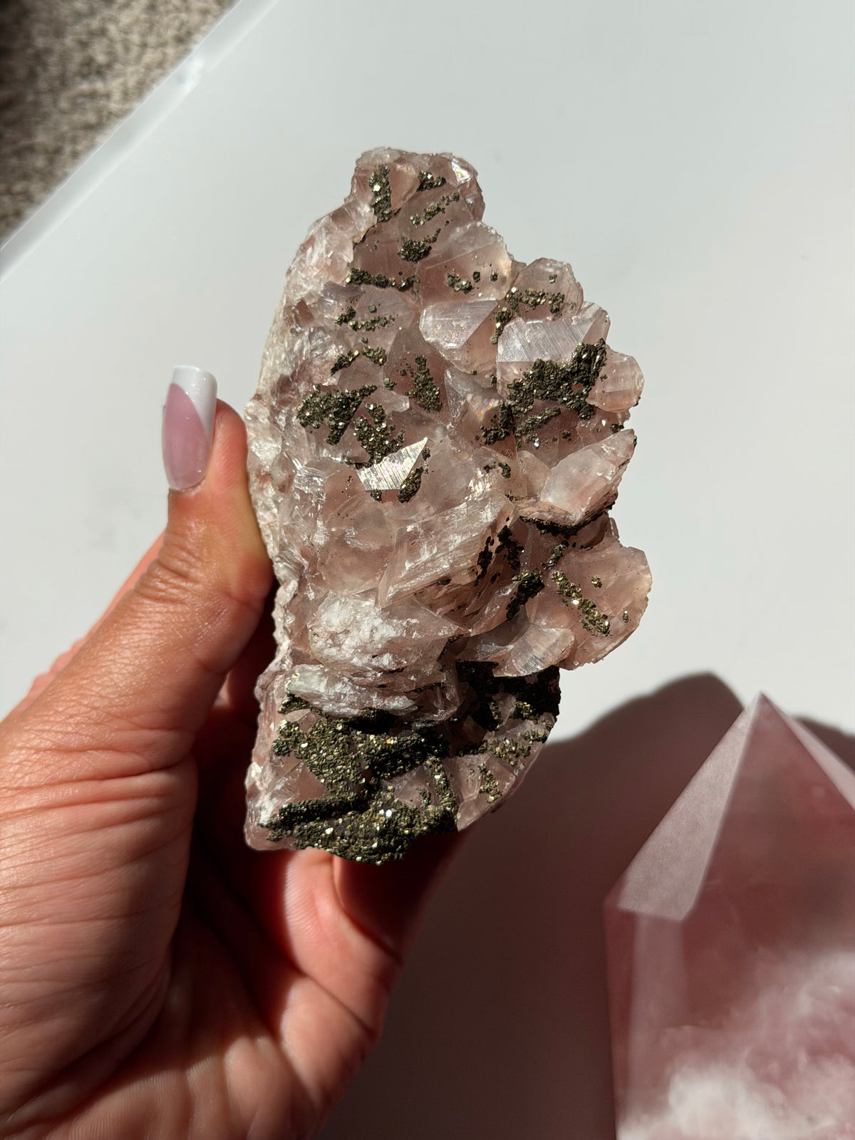 Rare Pink Benz Calcite with Pyrite from Inner Mongolia — 188g