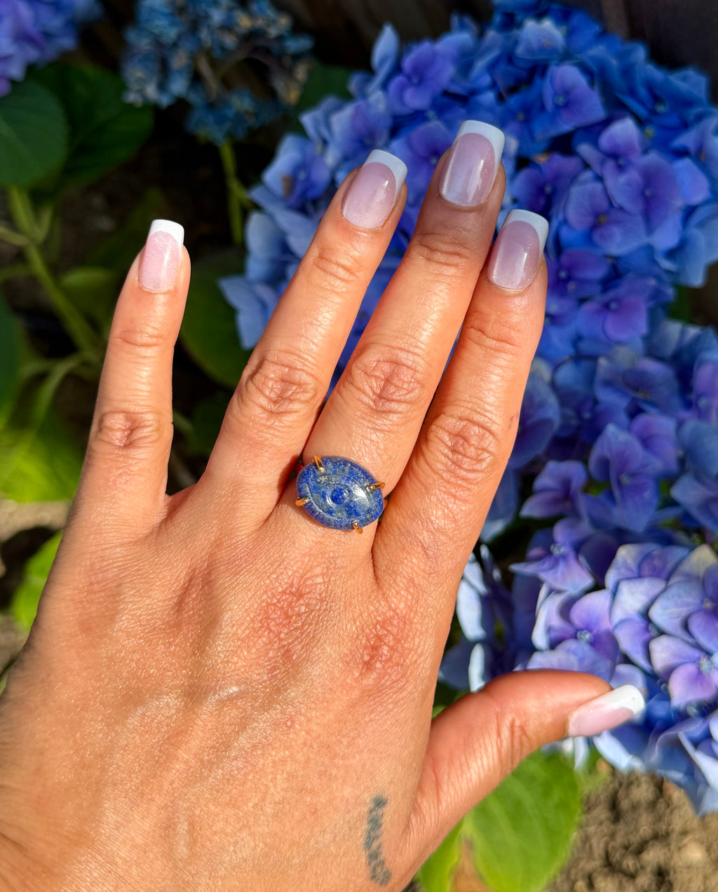Hand Carved Lapis Lazuli with Pyrite Ring | 925 Sterling Silver 18K Gold Plated | Adjustable Artisan Evil Eye Ring | Handmade in Jaipur
