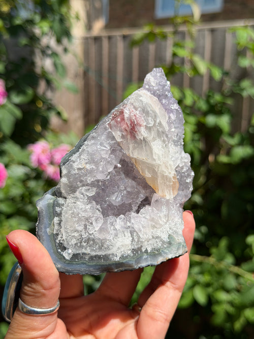 Rainbow Amethyst with Calcite | 520g  Crystal Cluster with Stand | Pastel Berry Druzy | Collector Specimen | Brazil Crystal Decor, B