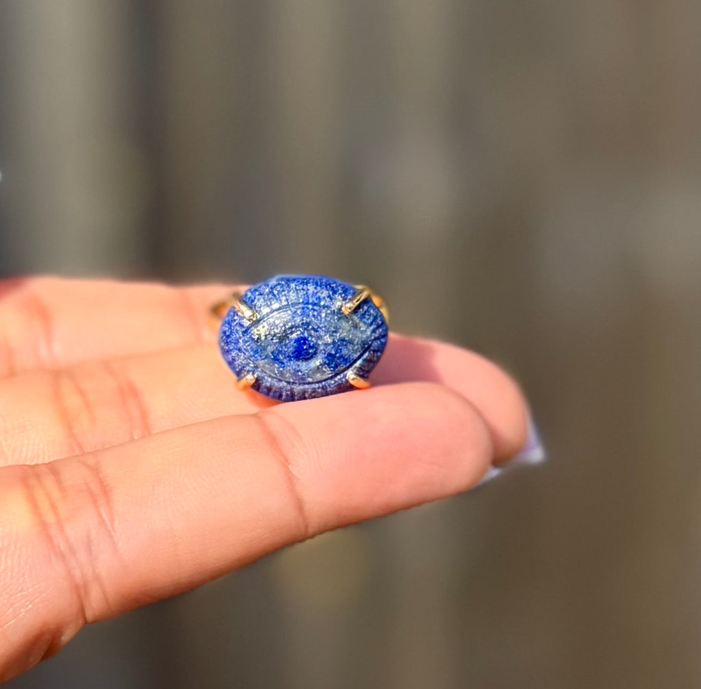 Hand Carved Lapis Lazuli with Pyrite Ring | 925 Sterling Silver 18K Gold Plated | Adjustable Artisan Evil Eye Ring | Handmade in Jaipur