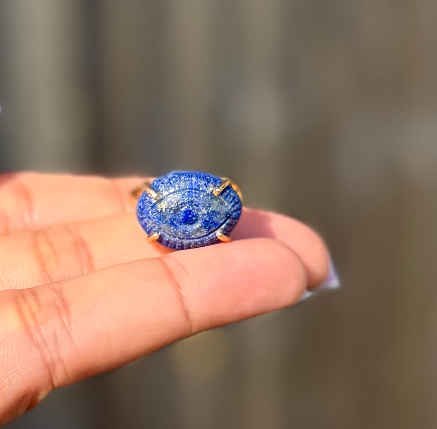 Hand Carved Lapis Lazuli with Pyrite Ring | 925 Sterling Silver 18K Gold Plated | Adjustable Artisan Evil Eye Ring | Handmade in Jaipur