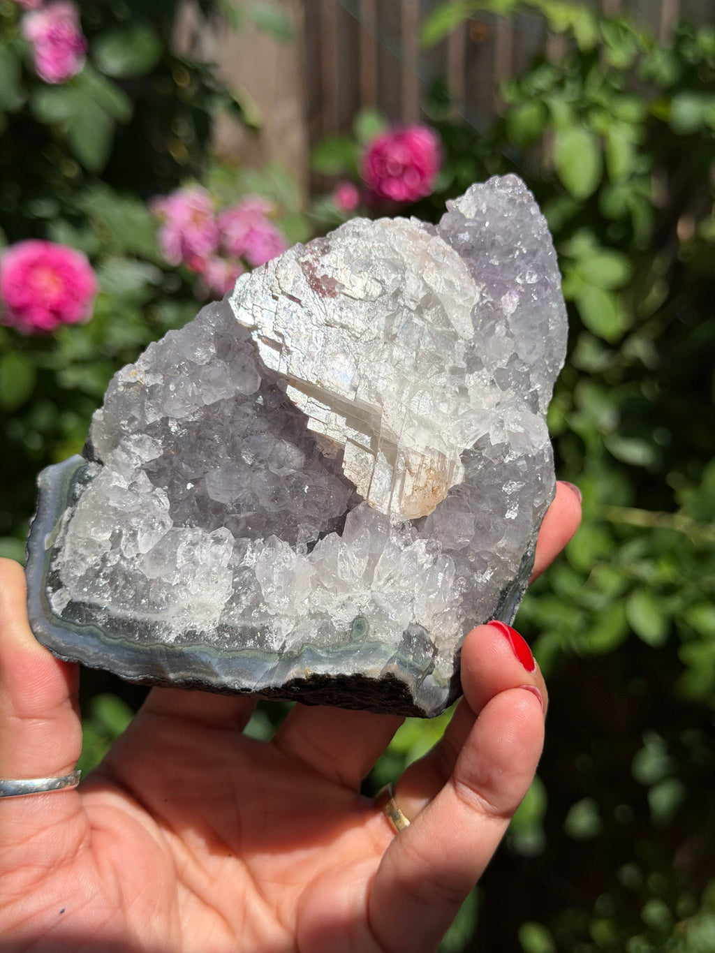 Rainbow Amethyst with Calcite | 520g  Crystal Cluster with Stand | Pastel Berry Druzy | Collector Specimen | Brazil Crystal Decor, B