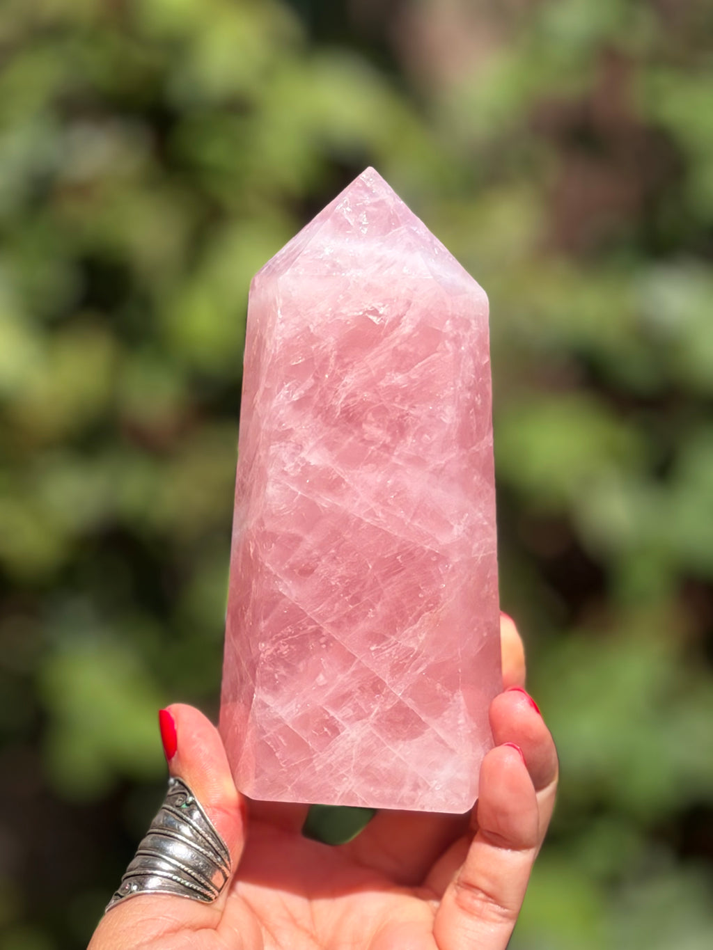 Madagascar Rose Quartz Tower 687g | Vivid Pink Crystal Point with Natural Rainbows & Feather Patterns | Sainte Marie Gem Show