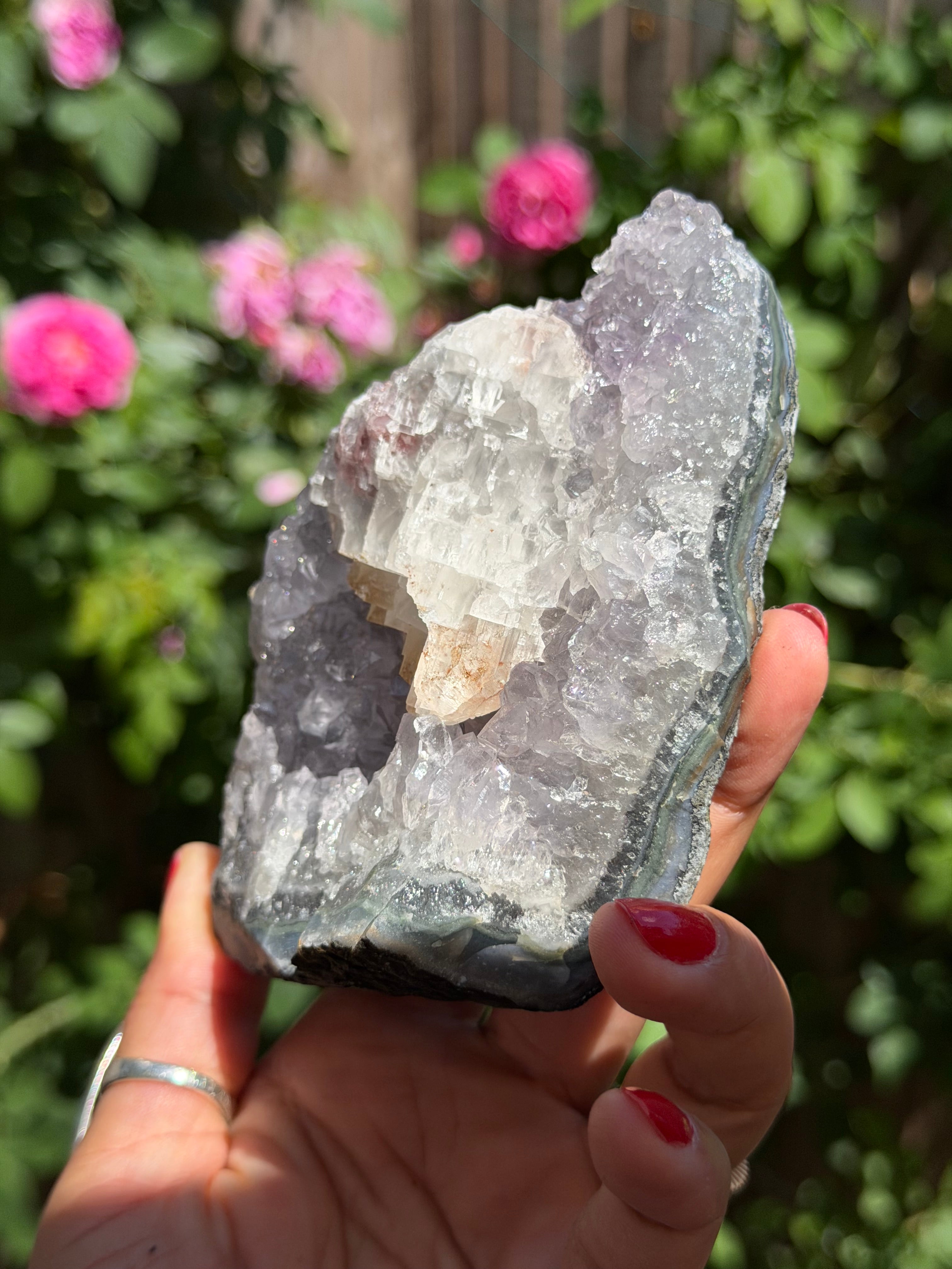 Rainbow Amethyst with Calcite | 520g  Crystal Cluster with Stand | Pastel Berry Druzy | Collector Specimen | Brazil Crystal Decor, B