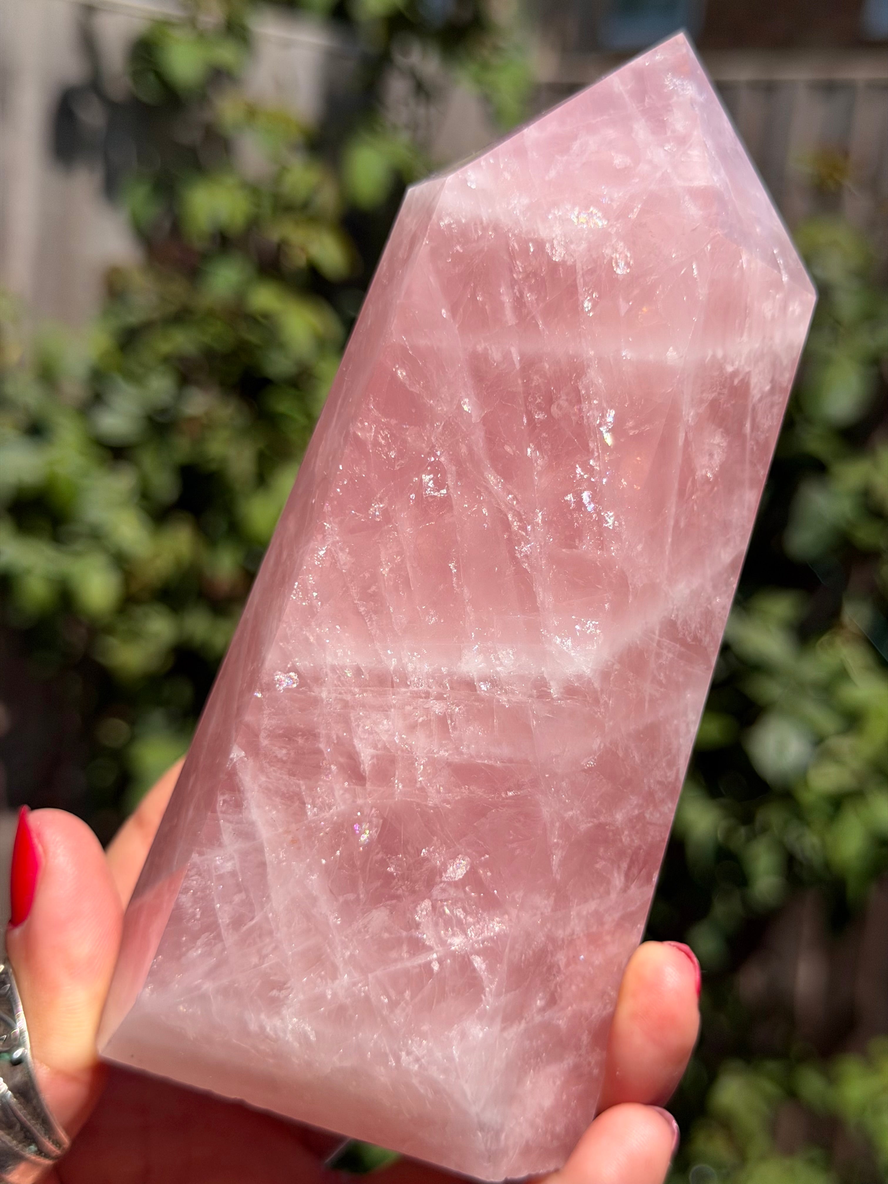 Madagascar Rose Quartz Tower 687g | Vivid Pink Crystal Point with Natural Rainbows & Feather Patterns | Sainte Marie Gem Show