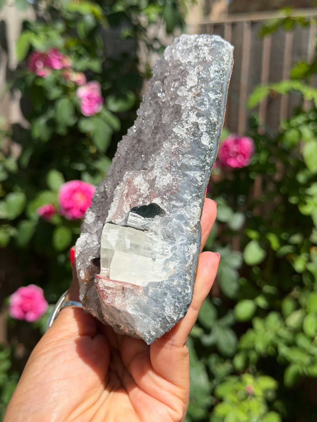 Rainbow Amethyst with Calcite | 503g  Crystal Cluster with Stand | Pastel Berry Druzy | Collector Specimen | Brazil Crystal Decor, A