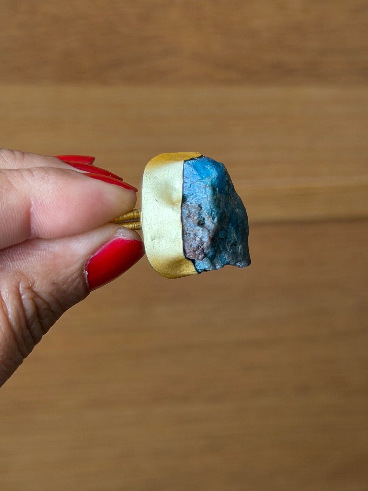 Raw Apatite adjustable metal ring with 18k gold plating| Statement crystal ring | Throat Chakra crystal