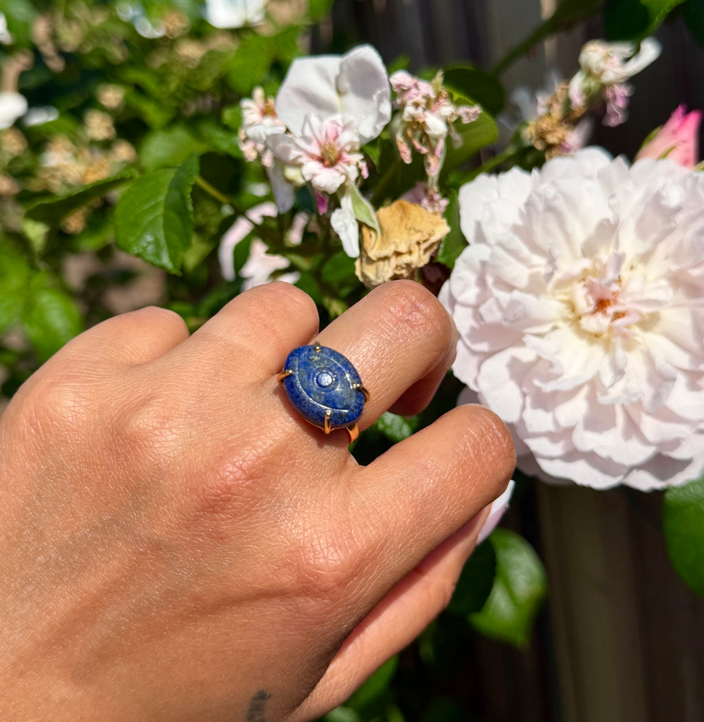 Hand Carved Lapis Lazuli with Pyrite Ring | 925 Sterling Silver 18K Gold Plated | Adjustable Artisan Evil Eye Ring | Handmade in Jaipur