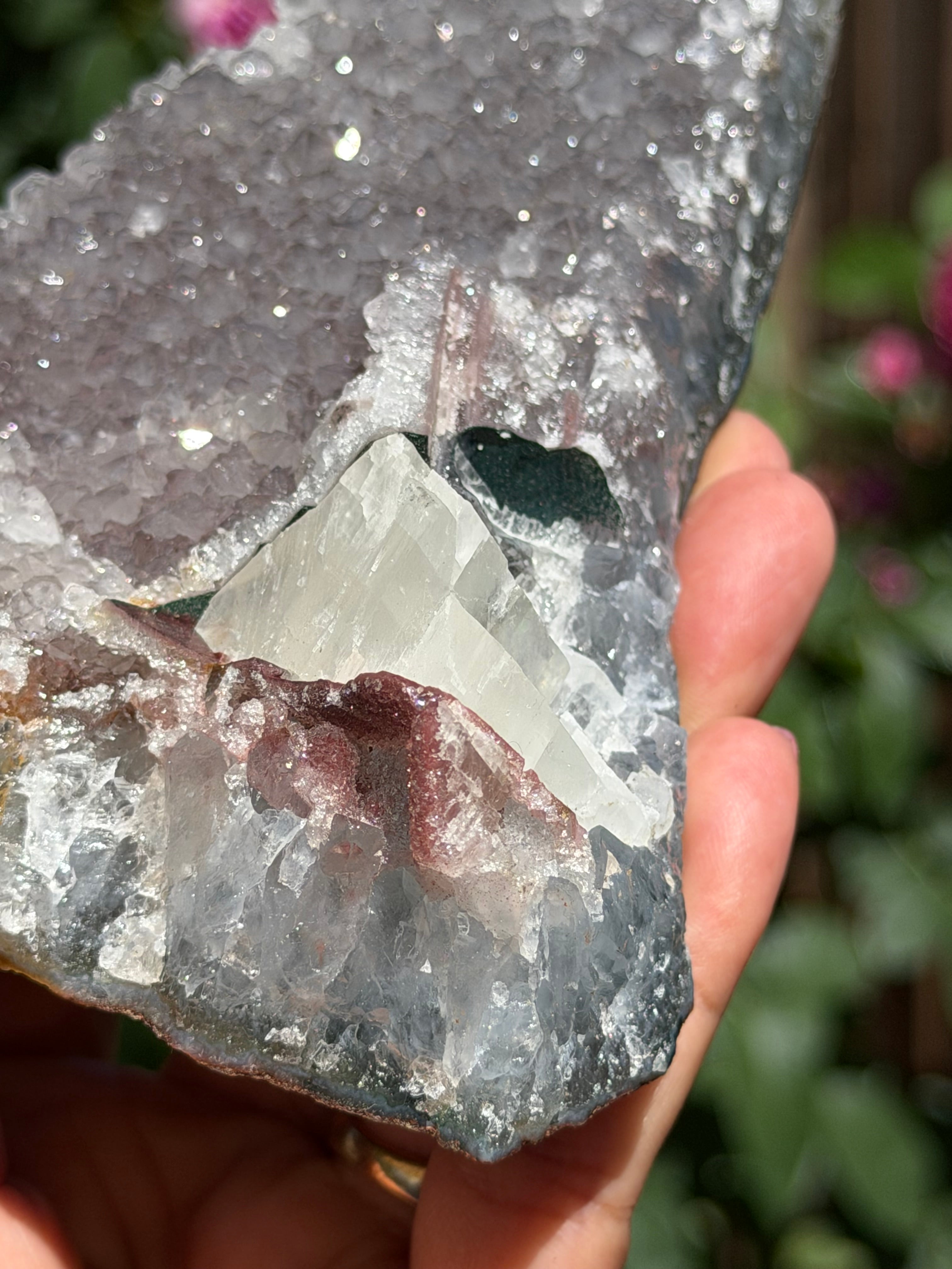 Rainbow Amethyst with Calcite | 503g  Crystal Cluster with Stand | Pastel Berry Druzy | Collector Specimen | Brazil Crystal Decor, A