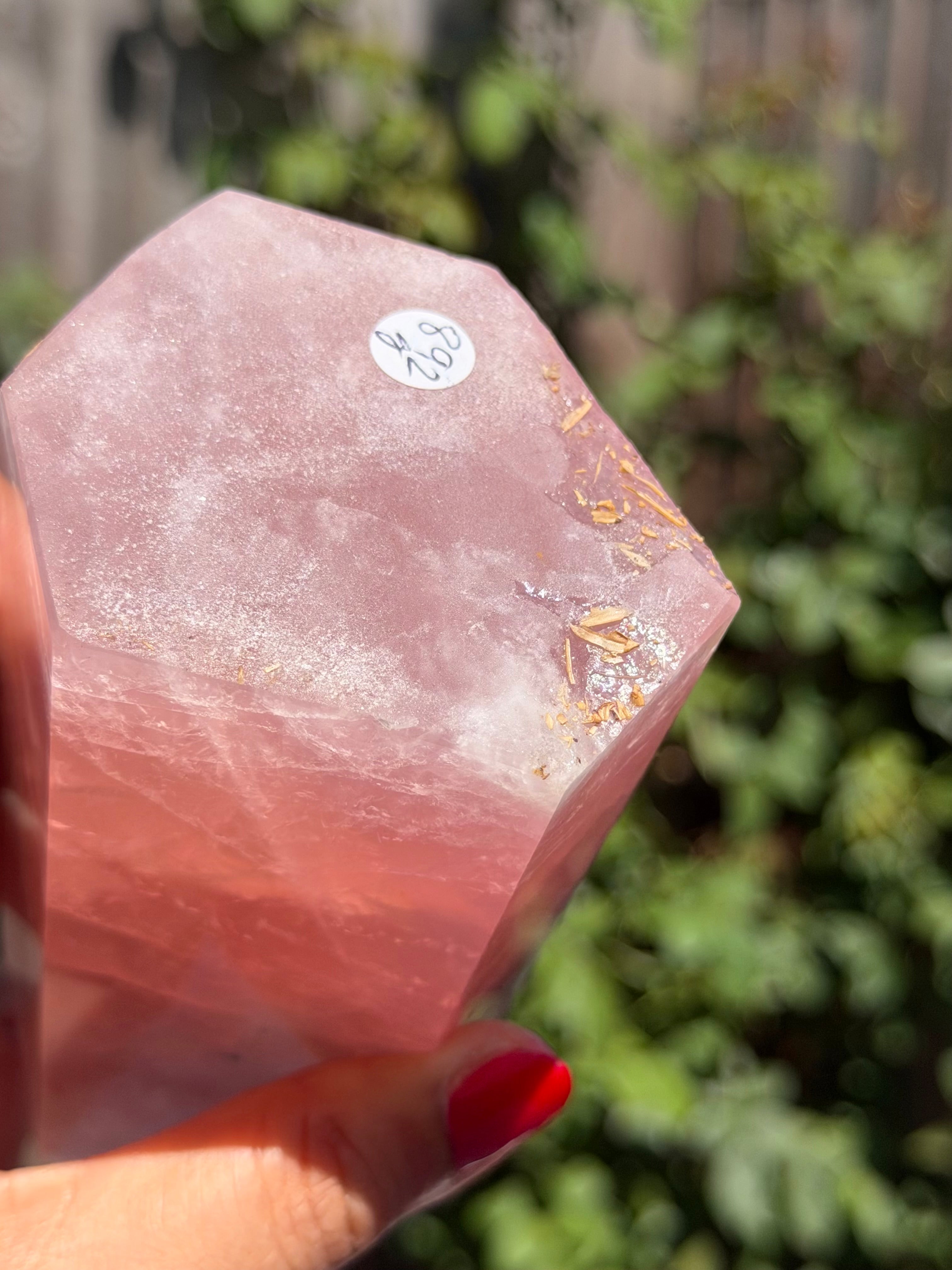 Vivid Pink Madagascar Rose Quartz Tower 892g | Natural Rainbow Inclusions & Feather Patterns | Large Crystal Point | Sainte Marie Gem Show