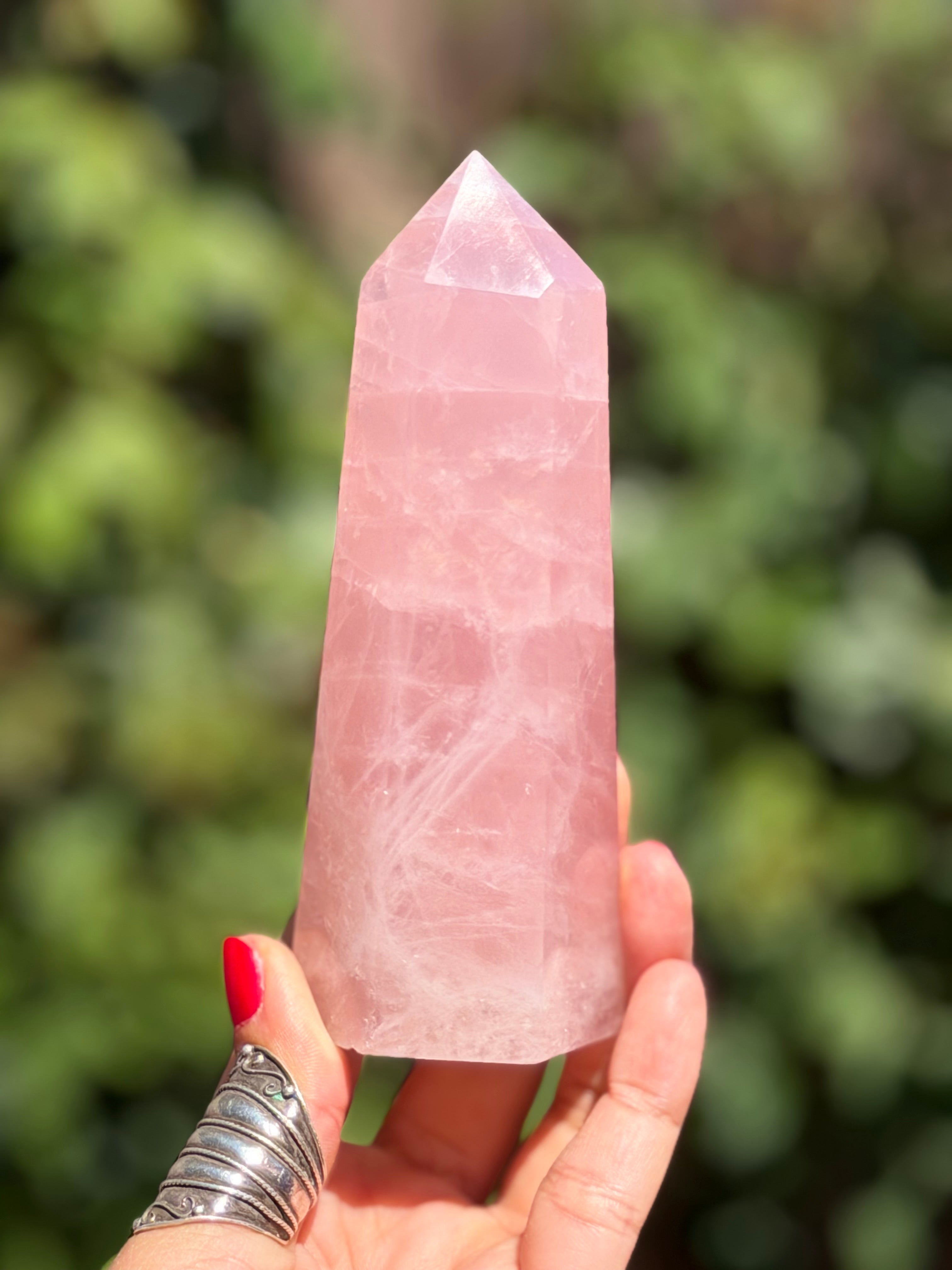 Madagascar Rose Quartz Tower 687g | Vivid Pink Crystal Point with Natural Rainbows & Feather Patterns | Sainte Marie Gem Show