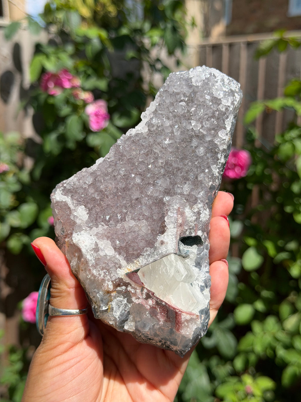 Rainbow Amethyst with Calcite | 503g  Crystal Cluster with Stand | Pastel Berry Druzy | Collector Specimen | Brazil Crystal Decor, A