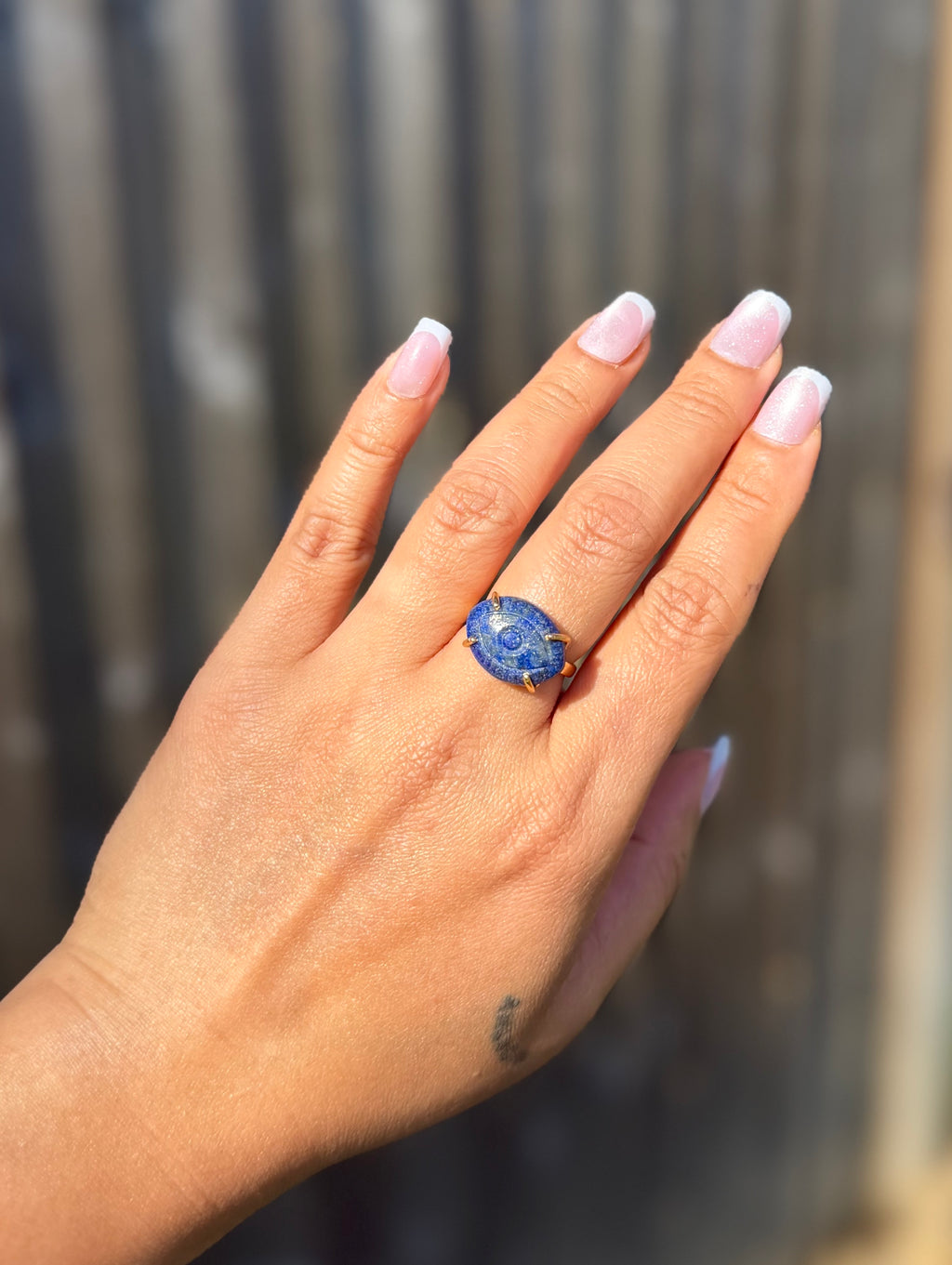 Hand Carved Lapis Lazuli with Pyrite Ring | 925 Sterling Silver 18K Gold Plated | Adjustable Artisan Evil Eye Ring | Handmade in Jaipur