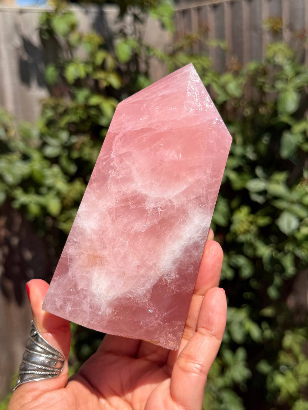 Vivid Pink Madagascar Rose Quartz Tower 892g | Natural Rainbow Inclusions & Feather Patterns | Large Crystal Point | Sainte Marie Gem Show