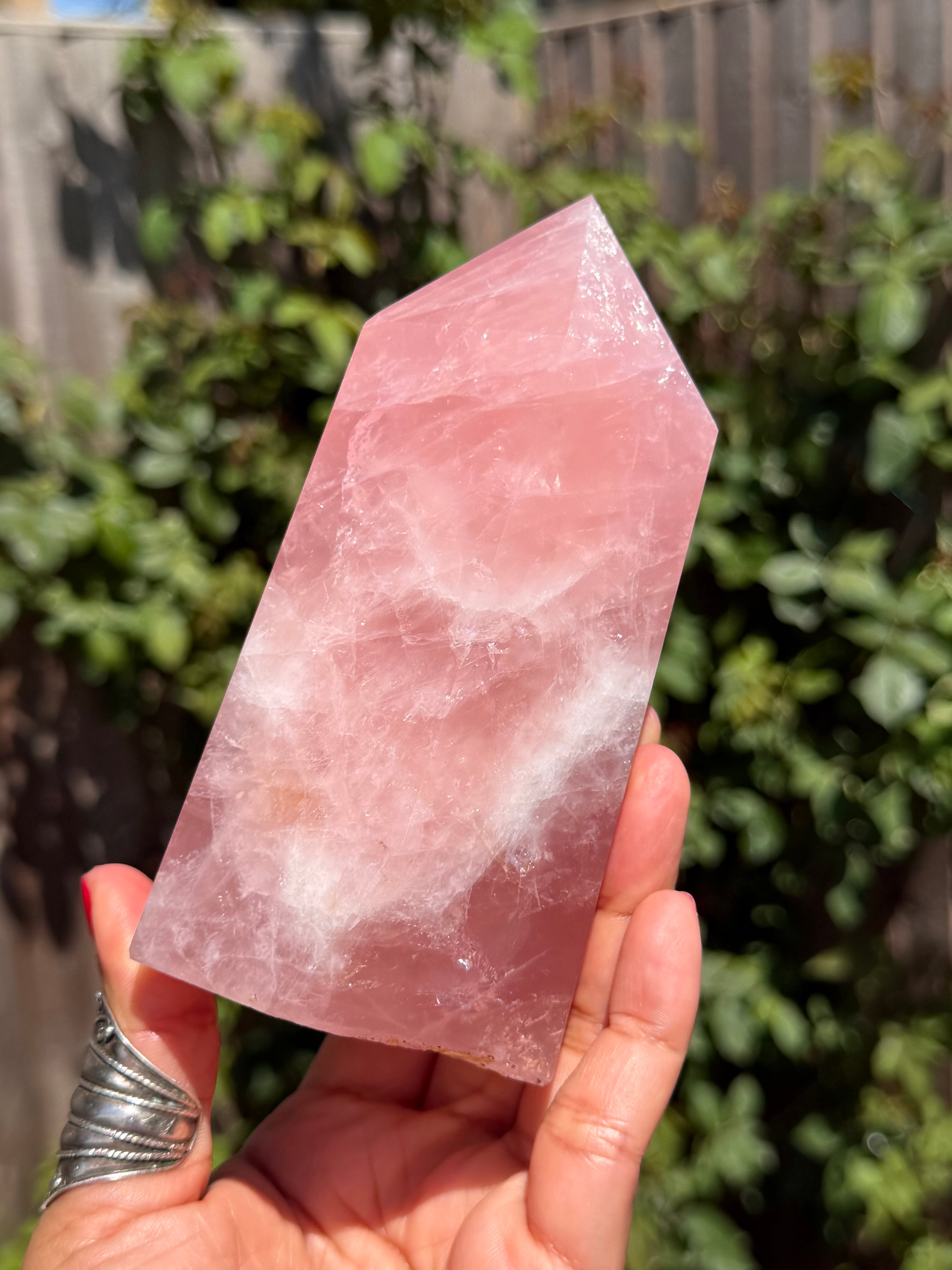 Vivid Pink Madagascar Rose Quartz Tower 892g | Natural Rainbow Inclusions & Feather Patterns | Large Crystal Point | Sainte Marie Gem Show
