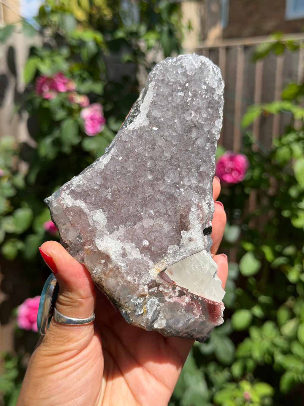 Rainbow Amethyst with Calcite | 503g  Crystal Cluster with Stand | Pastel Berry Druzy | Collector Specimen | Brazil Crystal Decor, A