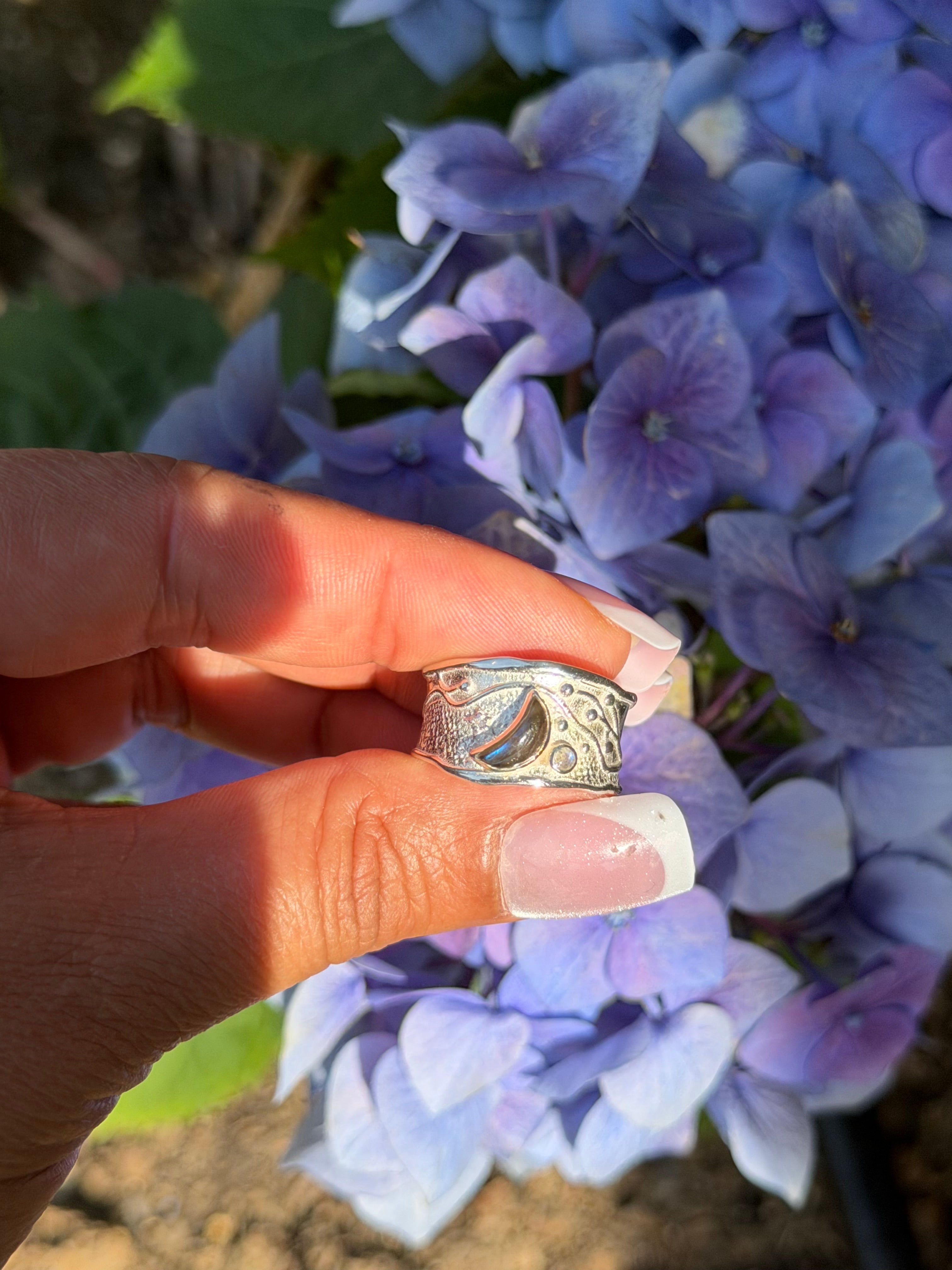 Labradorite Moon & Shooting Star Silver Ring | Handcrafted Adjustable Band