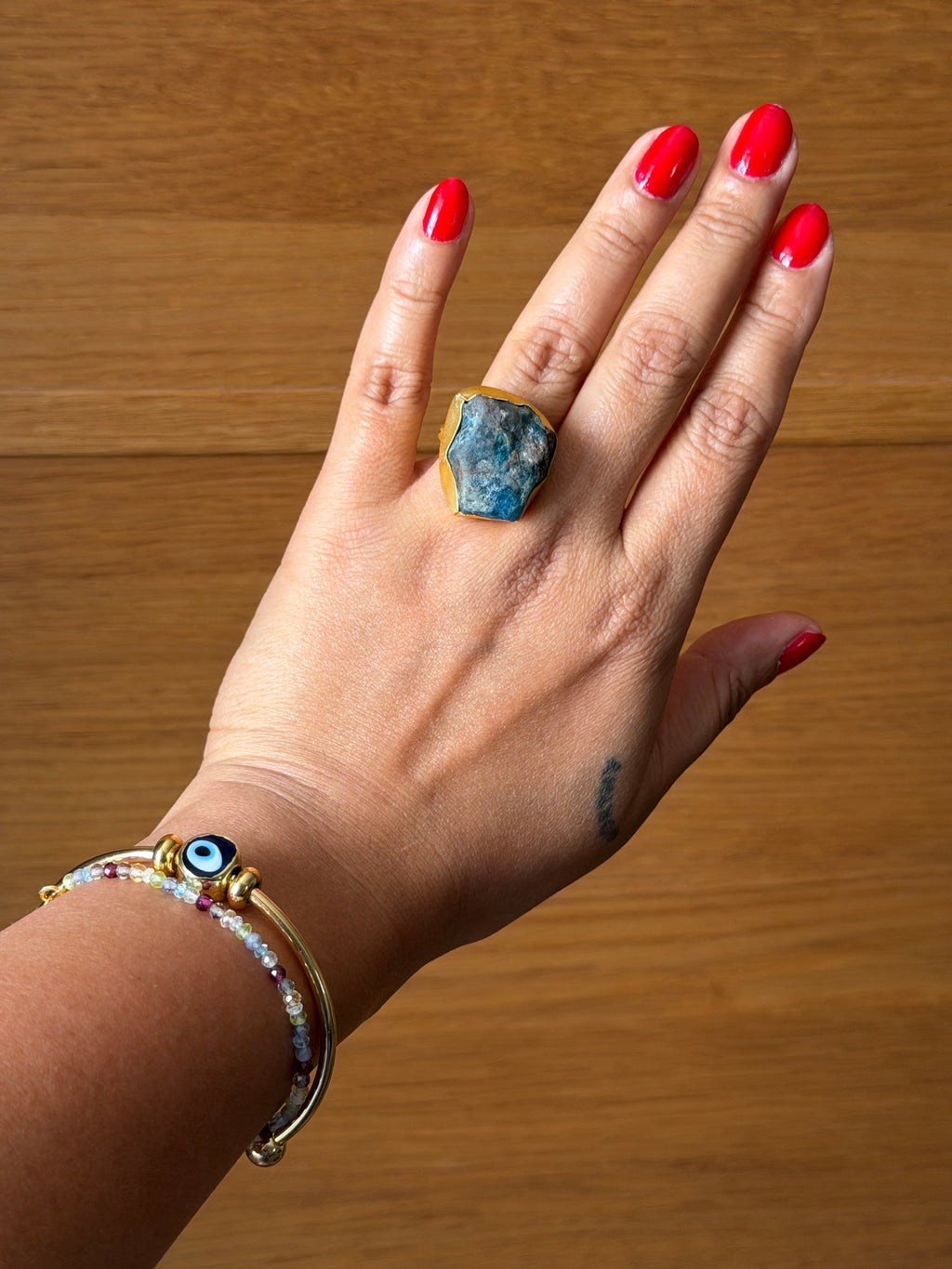 Raw Apatite adjustable metal ring with 18k gold plating| Statement crystal ring | Throat Chakra crystal