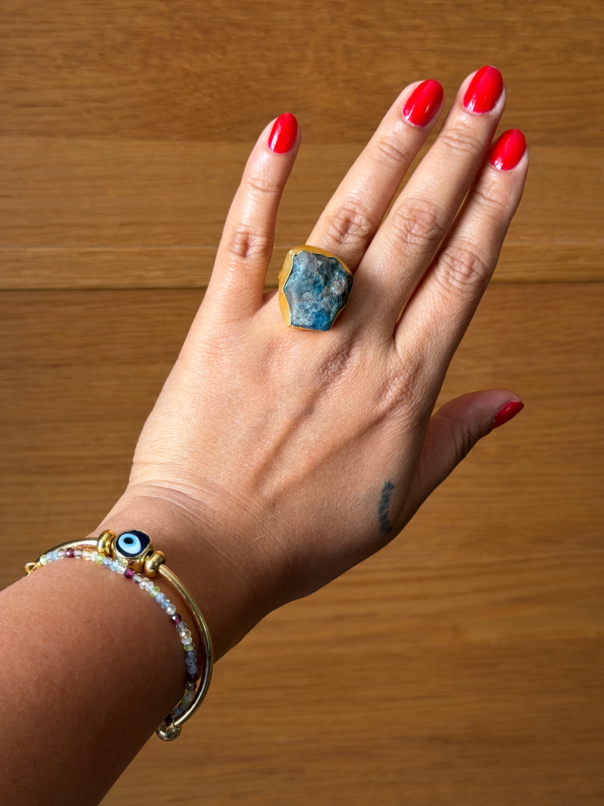 Raw Apatite adjustable metal ring with 18k gold plating| Statement crystal ring | Throat Chakra crystal