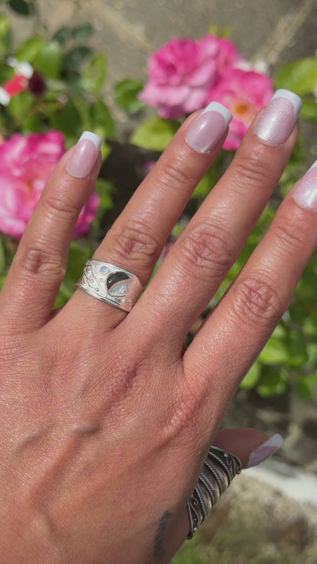 Labradorite Moon & Shooting Star Silver Ring | Handcrafted Adjustable Band